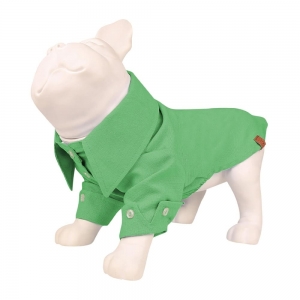 camisa pet verde  vestida em manequim de cachorro