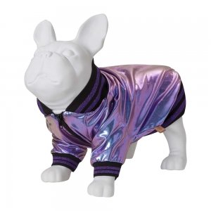 jaqueta bomber holográfica para cachorro vestido em manequim de cachorro