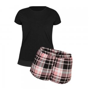 pijama feminino lulli para humanos camiseta preta e short xadrez rosa